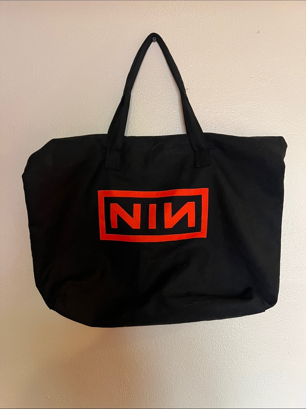 NIN Black Canvas Tote Bag with Red Logo
